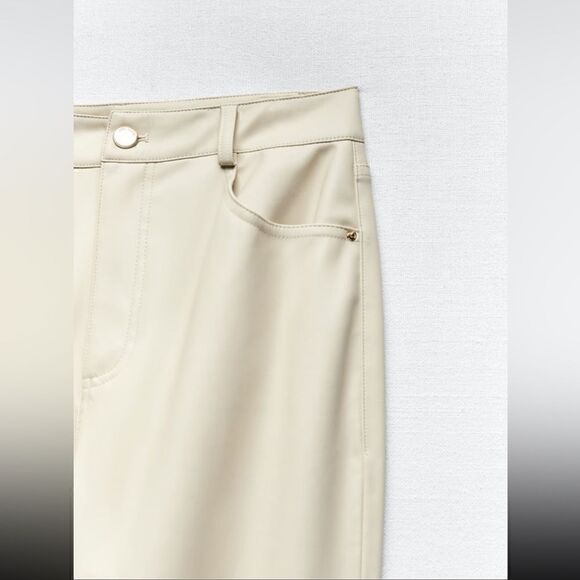NWOT Zara Faux Beige High Rise Mom Fit Leather Pants - Picture 3 of 12